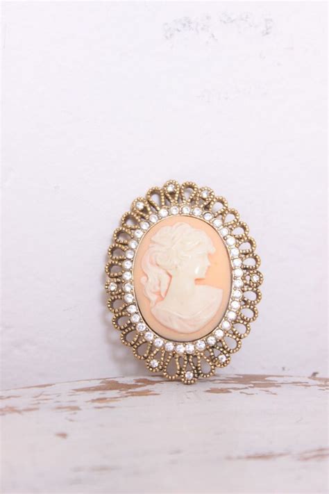 Vintage Pink Cameo Brooch Pin With Rhinestones And By Thejunkhaus