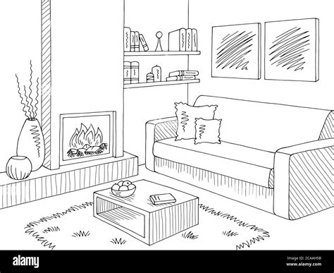 Living Room Graphic Black White Home Interior Sketch Illustration