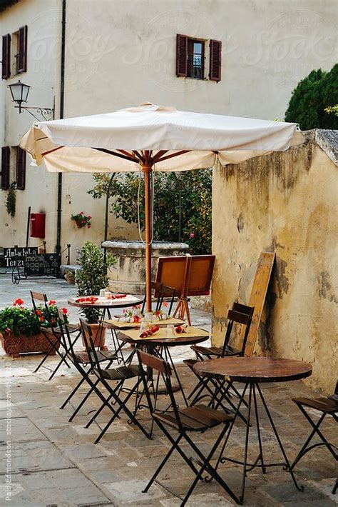 Small Outdoor Cafe In Courtyard Bagno Vignoni Tuscany Italy By