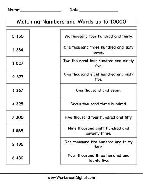 Matching Numbers And Words Up To 10000 Worksheet Worksheet Digital