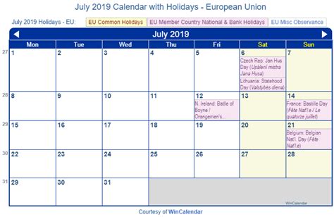 Print Friendly July 2019 Eu Calendar For Printing