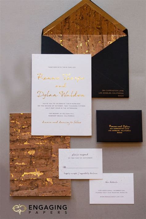 Custom Industrial Chic Wedding Invitation Suite With Gold Foil And Cork