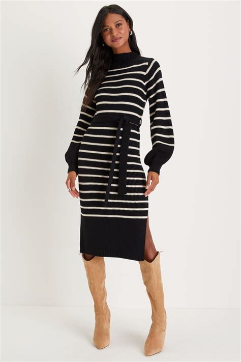 Black Striped Sweater Dress Midi Dress Mock Neck Dress Lulus