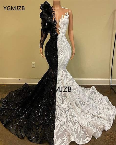 Black White Sparkle Sequin Prom Dresses 2020 Black Girls Mermaid One Shoulder Long Sleeveve