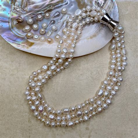 3 Strand White Baroque Pearl Necklace The Real Pearl Co