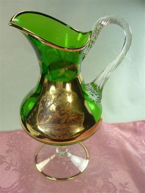 Bohemian Green Glass And Gilt Portrait Pitcher W Clear Reeded Handle Vintage Glassware Green