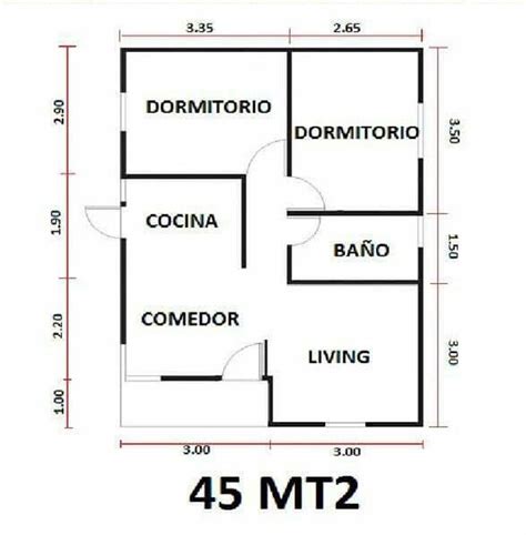 Plano De Casa Con Medidas De 1 Piso 2 Dormitorios 〖 45 M2