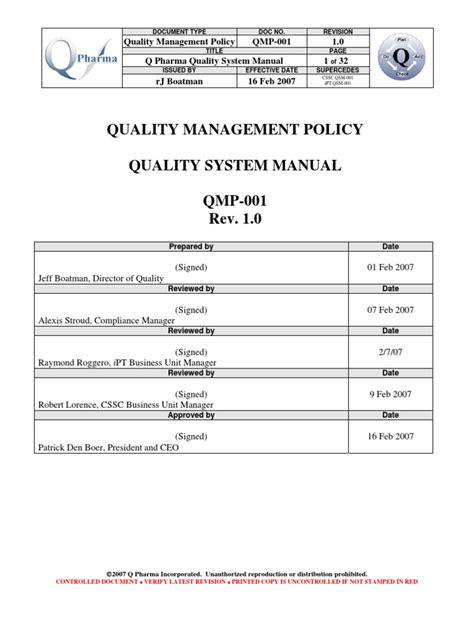 Q Pharma Quality Manual Quality Management System Quality Management