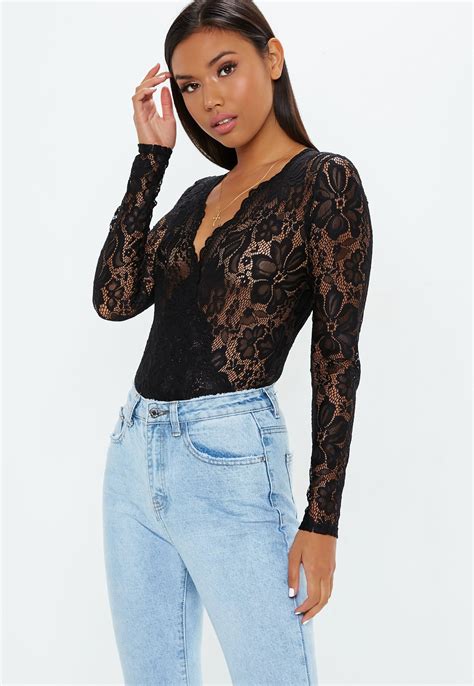 Black Sheer Lace Deep Plunge Wrap Over Bodysuit Black Lace Bodysuit Lace Bodysuit