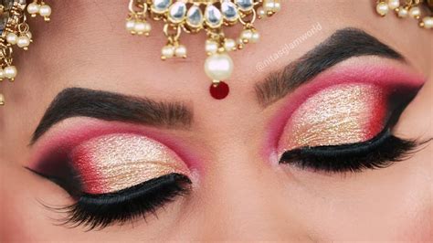 Indian Bengali Bridal Eye Makeup Tutorial Red And Gold Glitter Half Cut Crease Eye Look