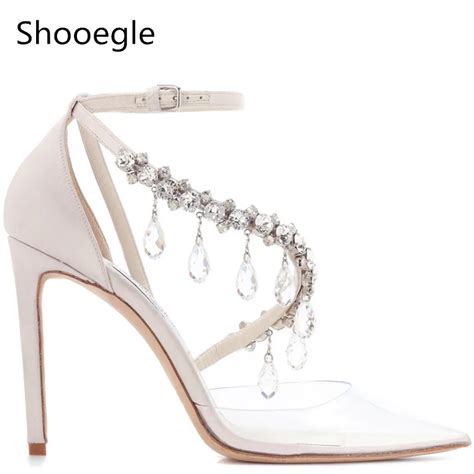 bling crystal string bead embellished clear pvc pointed toe thin high heels sandals ankle buckle