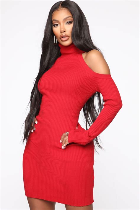 Giving You The Cold Shoulder Mini Dress Red Mini Sweater Dress Red Mini Dress Dress Red