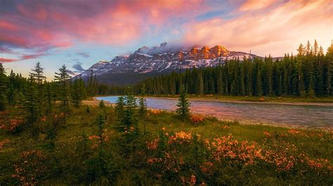 Bow River With Castle Mountain Banff Np Alberta Sunset Colors