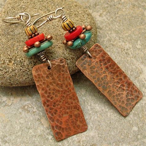 Items Similar To Ethnic Looking Hammered Copper Earrings With Turquoise