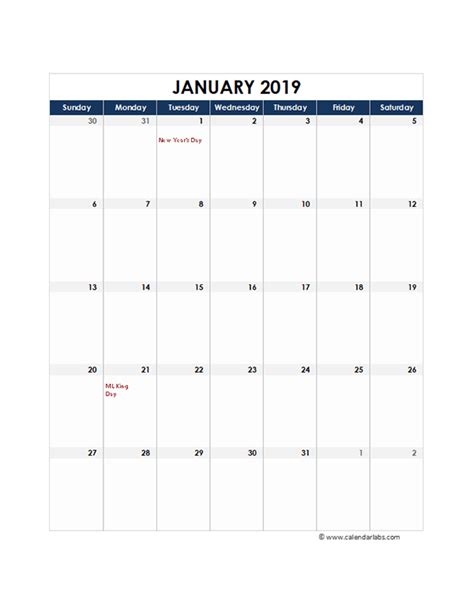 2019 Excel Monthly Calendar Template Free Printable Templates
