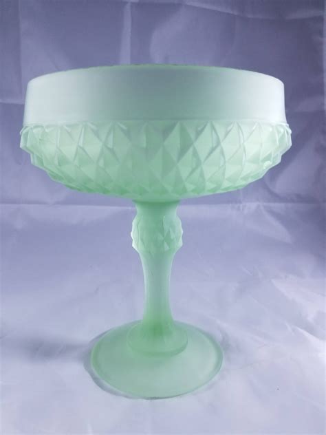 vintage light green frosted glass with diamond pattern footed candy dish by jksarray on etsy