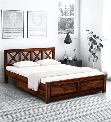 Buy Kryss Solid Wood Queen Size Bed With Storage In Provincial Teak