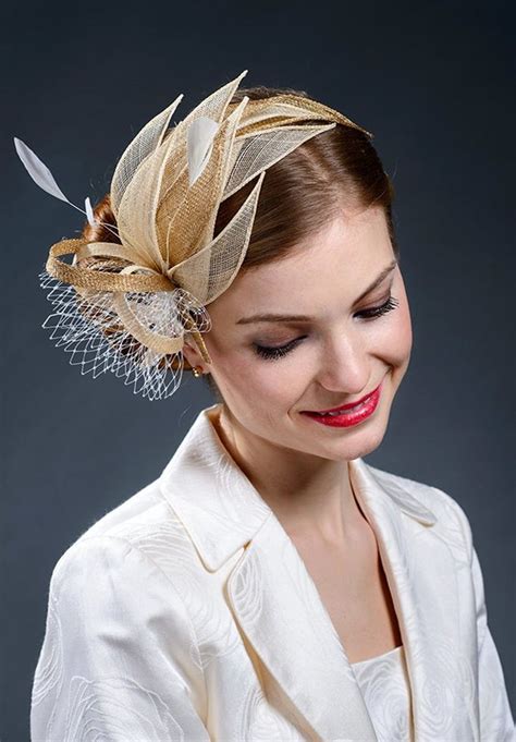 Beige Champagne Gold And Gold Fascinator Hat For Weddings Ascot