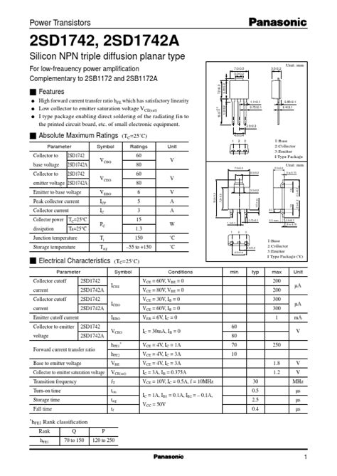2SD1742 Datasheet Silicon NPN Triple Diffusion Planar Type Transistor