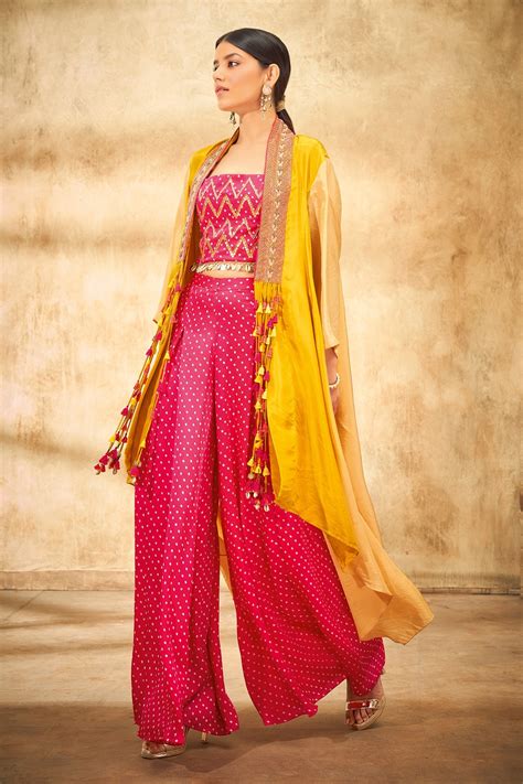 Buy Pink Pure Silk And Modal Satin Print Dual Toned Cape And Pant Set