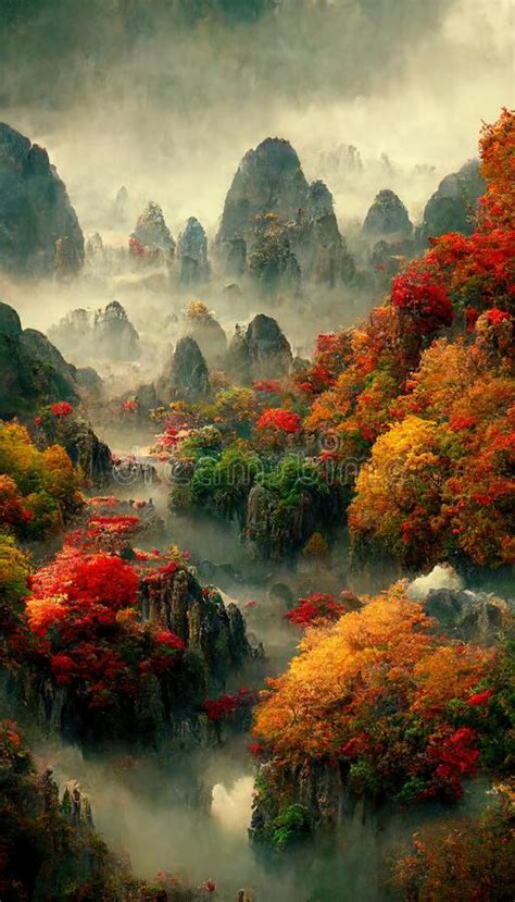 Chinese Autumn Landscape With Autumn Trees And Majestic Mountains