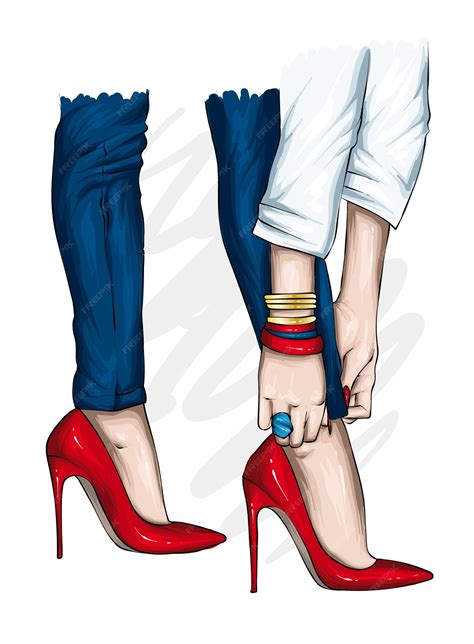 Premium Vector Female Legs In Stylish Jeans And High Heel Shoes