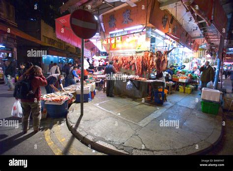 A Wide View Of The Food Shops At The Wan Chai Wet Market In Hong Kong