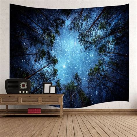 Psychedelic Forest Trees And Stars Starry Sky Fabric Wall Hanging