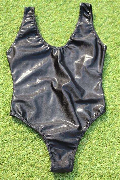 80s Swimwear High Cut Swimsuit Black Holographic Swimwear Etsy