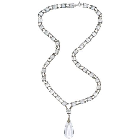 Art Deco Silver Tone Link Chain Necklace Square Glass Crystals Teardrop