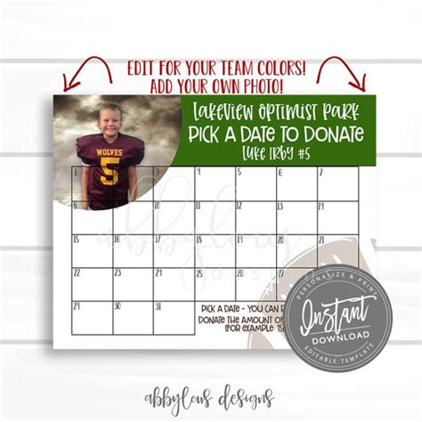 Editable Football Fundraiser Calendar Pick A Date To Donate Etsy