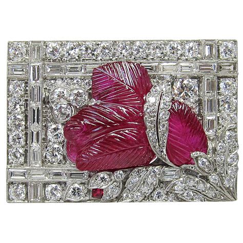 Art Deco Burmese No Enhancement Carved Ruby Diamond Brooch For Sale At