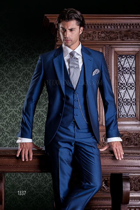 Electric Blue Mohair Wool Formal Suit With 2 Buttons And Shawl Vest