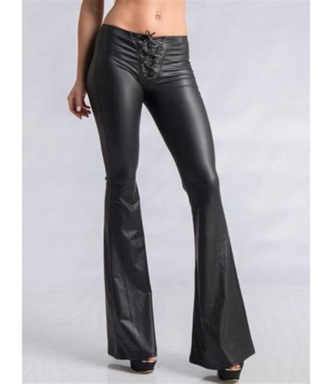 Lace Up Waist Leather Bell Bottom Pants