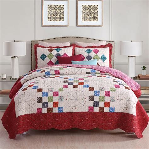 Handmade Patchwork Bedspread Quilt Set 3pcs Red Cotton Quilts Cover Bed