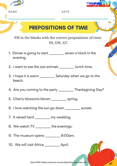 In On At Prepositions Of Time Worksheet — The Filipino Homeschooler