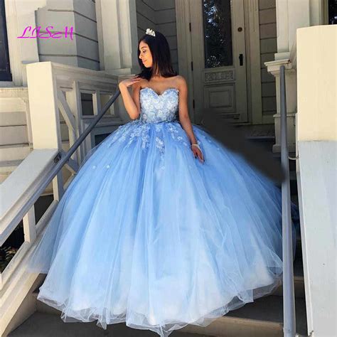 Luxury Light Sky Blue Ball Gown Quinceanera Dresses With Lace Appliqued
