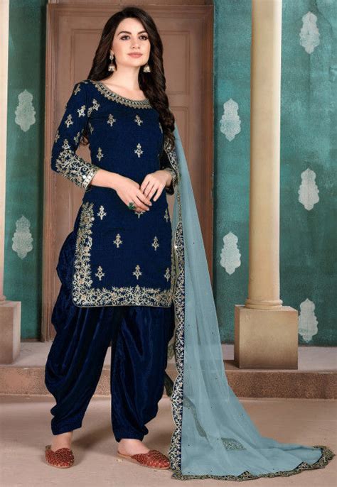 Buy Embroidered Art Silk Punjabi Suit In Navy Blue Online Kch6034