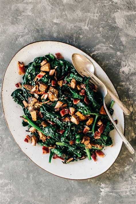 Wilted Spinach with Wild Mushrooms & Bacon Recipe - Dishing Up The Dirt
