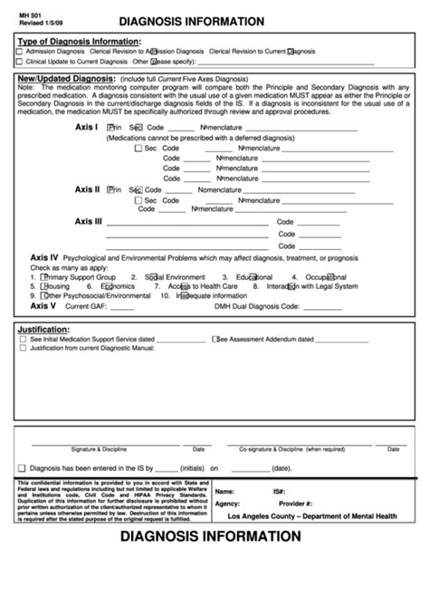 Fillable Mh 501 Form Diagnosis Information Printable Pdf Download