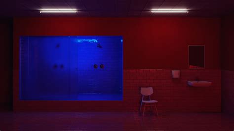 Neon Mirror Creepy Neon Lights Blue Digital Art Bathroom Red Minimalism Chair Tiles