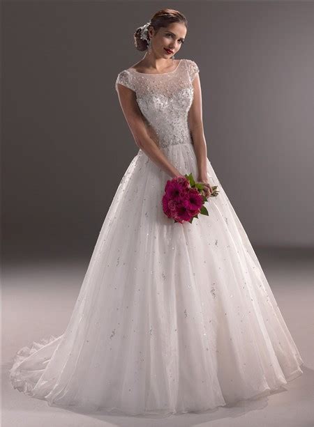 Ball Gown Illusion Neckline Cap Sleeve Tulle Wedding Dress With Crystal