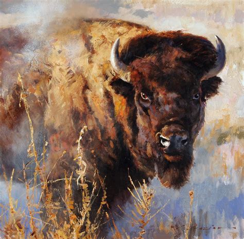 Badlands Stare Down 18 X 18 Oil Bison Art Buffalo Painting