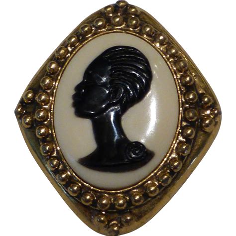 Signed Coreen Simpson ‘the Black Cameo Gold Pin Brooch Vintage Cameo