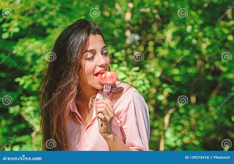 Girl Holds Fork With Juicy Ripe Tomato Lady Attractive Brunette Eats