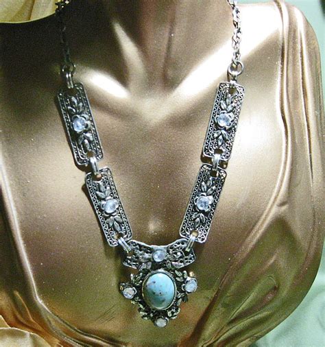 Vintage Rhinestone Turquoise Filigree Necklace RESERVED