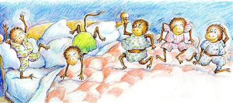 They are doing the familiar 5 little monkeys jumping on the bed routine. Five Little Monkeys Jumping on the Bed - Eileen Christelow