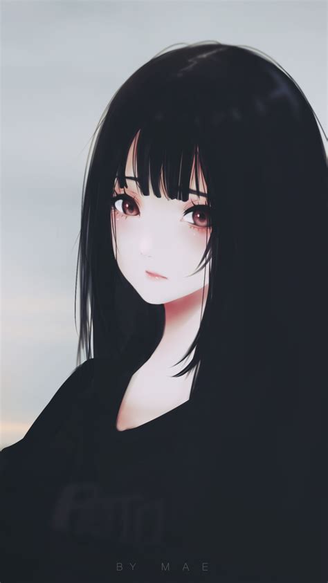 Download 750x1334 Anime Girl Black Hair Sad Expression Semi