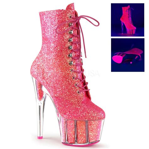 7 Heel Neon Pink Glitter Platform Ankle Boots Pleaser Adore 1020g