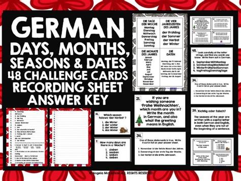 German Dates Days Months Seasons Challenge Cards By Livelylearning